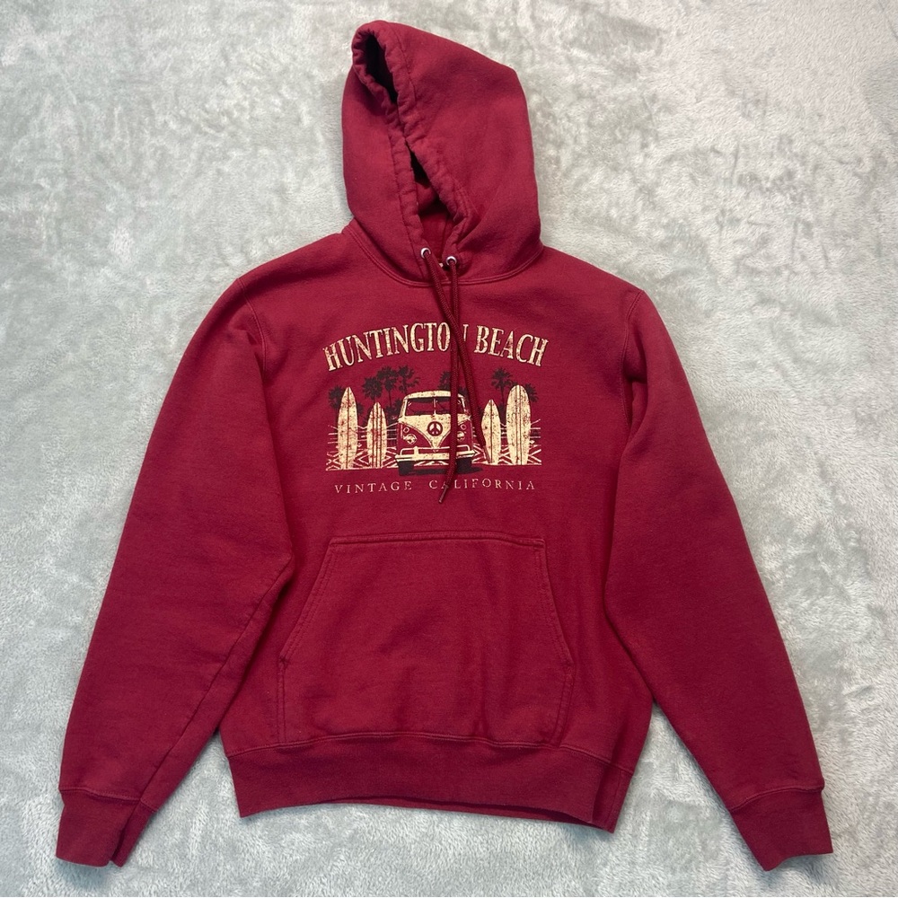 HUNTINGTON BEACH CALIFORNIA Burgundy SURF-BOARD HOODIE Summer Sweatshirt Adult S